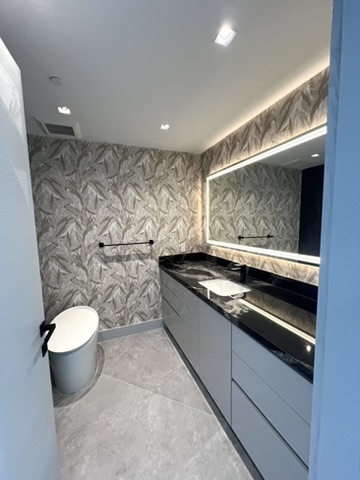 Secondary bath with leaf-pattern wallcovering, illuminated mirror, dark stone counter, and clean modern cabinetry