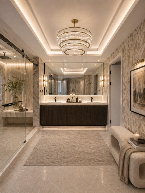 Primary bathroom with double vanity, stone surfaces, glass shower, chandelier, and soft decorative wall treatment