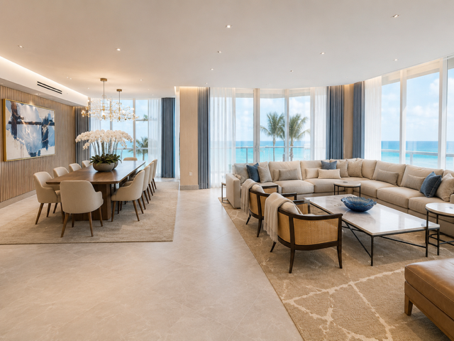 South Florida oceanfront primary suite with chandelier, tailored seating, warm wood details, and expansive water views