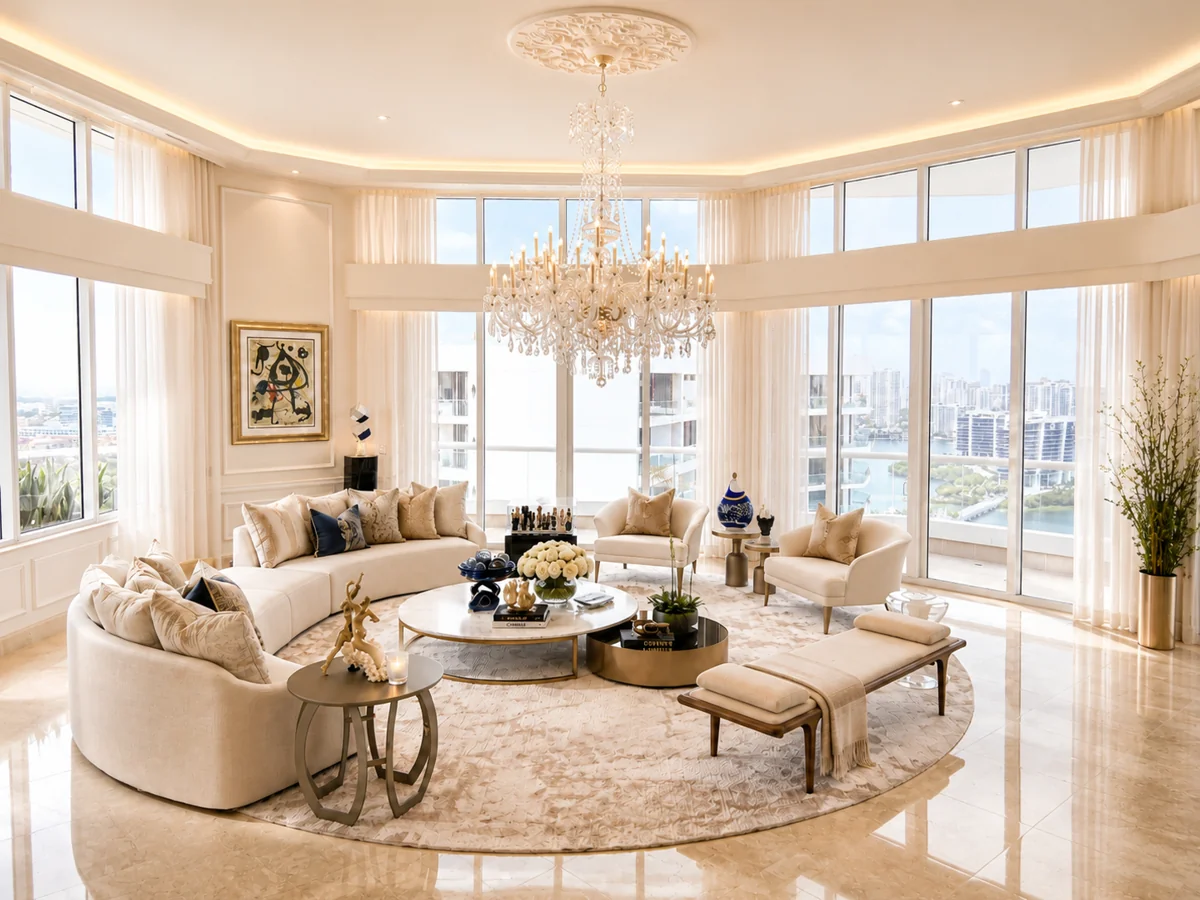 Light-filled living room with a sculptural chandelier and panoramic windows